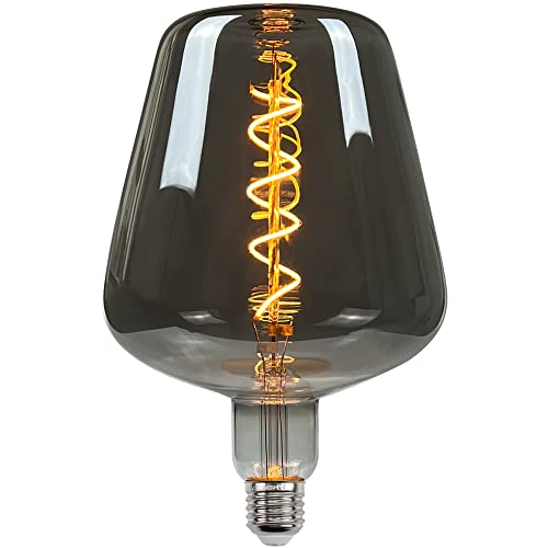 Dimmable vintage LED light bulb with spiral filament design in a giant Edison style, featuring a smoke finish and compatible with E27 sockets, suitable for decorative lighting at 220-240 volts.