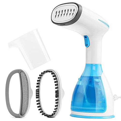 Handheld garment steamer by ERHANG in blue, weighing 1 kilogram and featuring a powerful 1500-watt capacity, designed for vertical and horizontal use with a removable water receptacle for various fabric types.