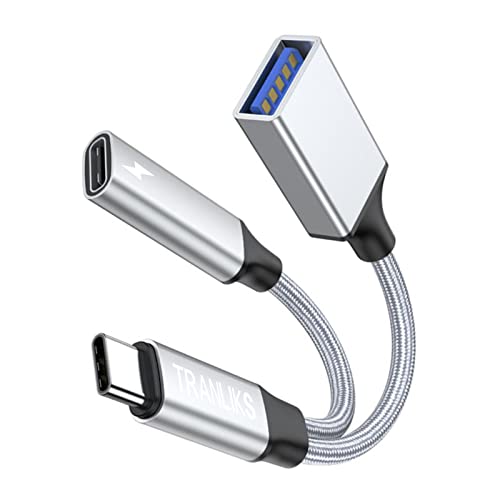 USB C OTG adapter in silver color featuring a 2 in 1 design that allows for charging and data transfer, compatible with MacBook, Chromecast with Google TV, and other USB C devices, supporting 60W charging.