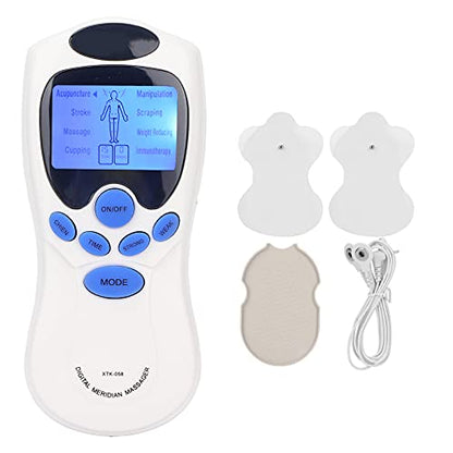 Stimulation current device designed for pain relief featuring TENS and EMS training capabilities with five modes of operation and two electrode pads for effective therapy.