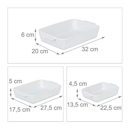 Relaxdays - Set of 3 Square Ceramic Casserole Dishes, Dishwasher Safe, White