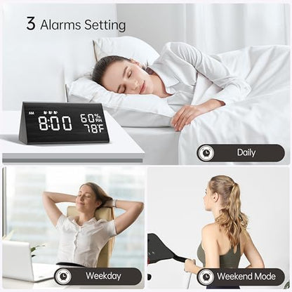 WoodenTech - Digital Alarm Clock with LED Display, 3 Alarms, Humidity & Temperature