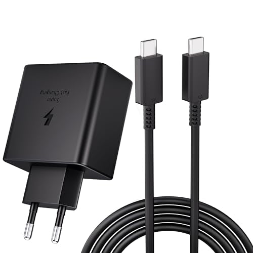 USB C 45W fast charger designed for Samsung Galaxy S24 series including S24, S24+, S23+, S22+, S23, S24 Ultra, S21 FE, S20, Note10+, and Galaxy Tab S9 series including S9, S9 Ultra, Tab S8, S8+, S7 FE, featuring a 5A Type-C charging cable that is 2 meters long