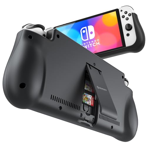 Alt Image Text: Portable external battery station designed for Nintendo Switch and Switch OLED featuring a 10000mAh capacity, quick charging capability, two extra game card slots, and an adjustable kickstand.