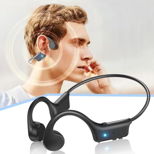 Black wireless bone conduction headphones with an open-ear design, featuring active noise cancellation and a flexible neckband for comfort during sports activities.