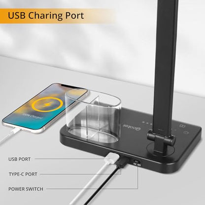 Qooltek - Touch Control LED Desk Lamp with USB Charging Port and Pen Holder