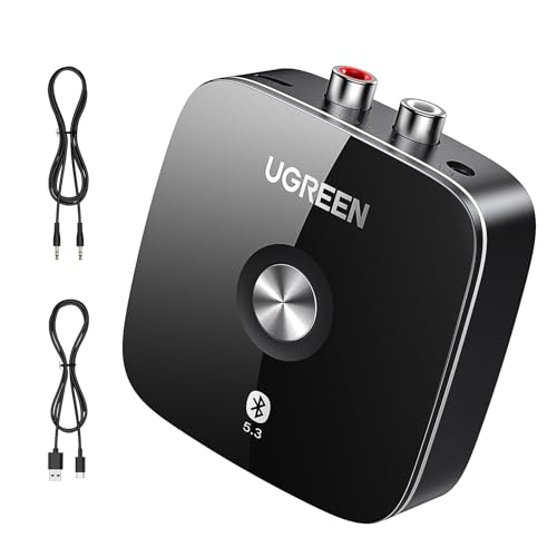 Receptor de sonido inalámbrico Ugreen con Bluetooth 4.1 y adaptador de 0.13 pulgadas y 2RCA para conectar dispositivos como auto, tableta y iPhone 7 y 7 Plus.