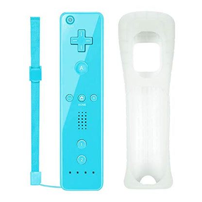 Wireless game controller for Nintendo Wii and Wii U in blue, featuring a silicone case and wrist strap.