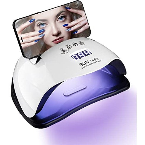 A 180 watt UV lamp designed for gel nails featuring 66 LED lights, multiple timer settings of 10, 30, 60, and 99 seconds, an infrared sensor, and an LCD display, suitable for drying shellac and all types of gel nails.