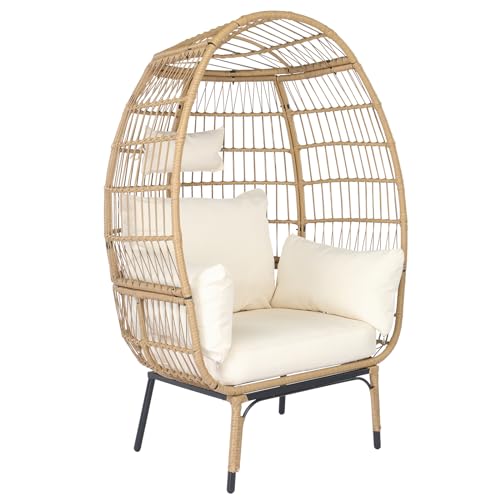 Oversized wicker egg chair made of rattan with a beige finish and creamy white cushion, designed for indoor and outdoor use, featuring a stand suitable for patio, porch, backyard, living room, or balcony settings.