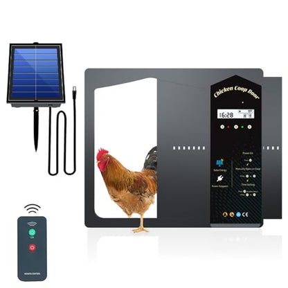 Automatic chicken coop door featuring four operational modes, made of durable aluminum. It includes a remote control, timer, light sensor, and manual mode with an LCD screen. The weatherproof design is solar powered, ensuring reliable functionality for your chickens.