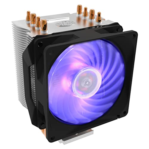 Compact RGB air cooler with adjustable lighting, featuring a low-profile design ideal for small form factor systems, direct contact cooling technology with 4 copper heat pipes, stacked aluminum fins for efficient airflow, and a 92mm PWM fan that ensures maximum airflow at low noise levels; compatible with both AMD and Intel sockets.