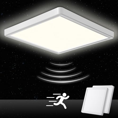 LED ceiling light with radar motion detector featuring two pieces, 18W power, 1800 lumens brightness, and 4000K color temperature, designed for indoor use in areas such as staircases, balconies, hallways, cellars, garages, and carports, with an IP44 rating for moisture resistance.