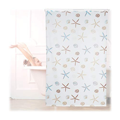 Roller blind designed for bath and shower use featuring a shell pattern in a water-repellent material measuring 140 by 240 centimeters with a semi-transparent finish and dimensions of 240 by 140 by 5 centimeters