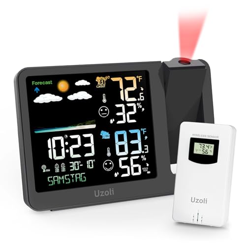 Modern Uzoli alarm clock projects time & temperature with auto dimming feature for undisturbed sleep. Includes humidity and temperature display for indoor/outdoor.