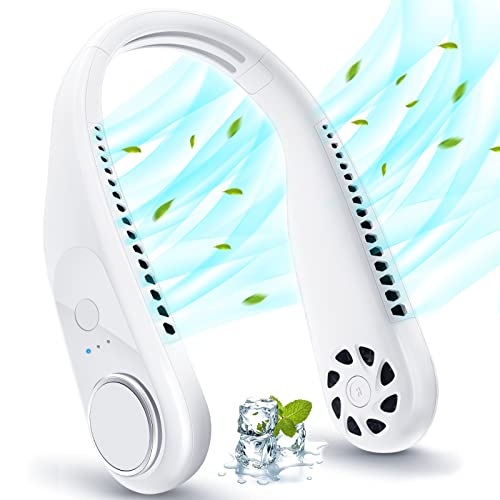 A white bladeless neck fan designed for hands-free use, featuring a rechargeable 5200mAh battery. This portable personal fan is suitable for both men and women, ideal for home, office, travel, and holiday use. It operates quietly and can be worn around the neck like headphones.