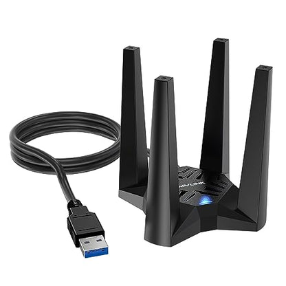 WAVLINK AX1800 WiFi 6 USB adapter with USB 3.0 Type A interface, featuring dual-band speeds of up to 1201 Mbps on the 5 GHz band and 574 Mbps on the 2.4 GHz band, designed for desktop compatibility with dimensions of 8L x 8W x 10H cm and advanced technologies like OFDMA, MU-MIMO, and beamforming for enhanced connectivity.