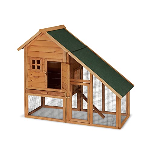 Outdoor rabbit hutch and enclosure designed for small animals such as rabbits and guinea pigs measuring 120 by 140 by 68.5 centimeters in a natural wood finish