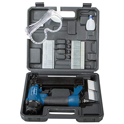 Scheppach 2 in 1 compressed air gun designed for stapling and nailing, capable of handling nails up to 50 mm and clamps up to 40 mm, requires 1.5 liters of air per use, operates at a working pressure of 8.3 bar, features a 360-degree exhaust duct, and comes with an accessory set.