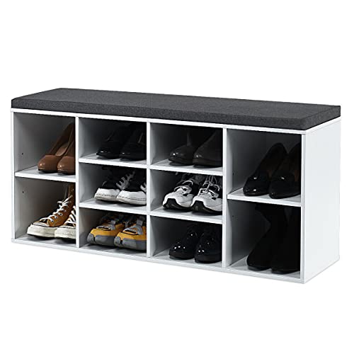 White shoe storage bench with ten cubes and a soft padded seat designed for multipurpose use in entryways or hallways, providing organized space for shoes, heels, boots, slippers, and sandals.