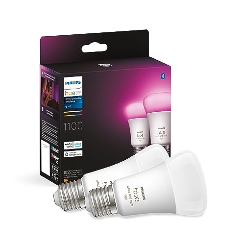 Two Philips Hue White and Color Ambiance A60 smart bulbs in E27 base packaging designed for adjustable brightness and color options