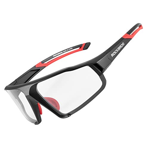 Photochromic cycling glasses designed for men and women featuring transparent discoloration technology. The rectangular goggles are suitable for various outdoor activities such as biking, motorcycling, skiing, snowboarding, golfing, fishing, and mountaineering. Available in blue and black colors.