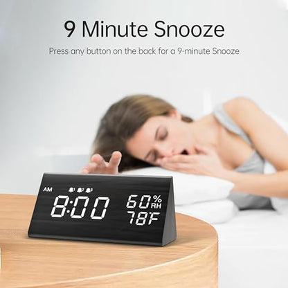 WoodenTech - Digital Alarm Clock with LED Display, 3 Alarms, Humidity & Temperature