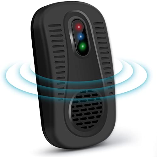 Black Ultrasonic Pest Repeller featuring 3-in-1 frequency conversion technology designed for indoor use to deter rats spiders mice cockroaches bed bugs rodents mosquitoes fleas and flies