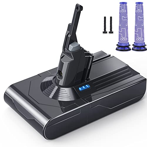 Morpilot replacement battery for Dyson V8 cordless vacuum featuring 21.6V 5000mAh lithium-ion technology compatible with various V8 models including Animal Absolute Motorhead Carbon Fiber and Fluffy series comes with two filters and two screws included