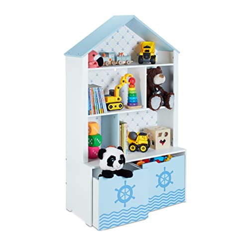 Children's shelf designed in a house shape featuring five compartments and two rolling boxes for toy storage in white and blue colors made of fibreboard with dimensions 128 by 75 by 34 centimeters