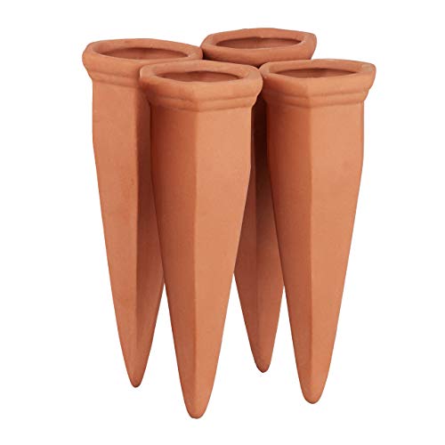 Set of four terracotta clay cones for automatic plant watering and irrigation in orange color measuring 13 by 5 by 4.5 centimeters