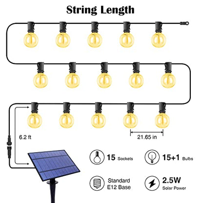 Solar outdoor string lights featuring 15 shatterproof Edison glass bulbs on a 35-foot cord, designed for patios, gardens, backyards, and pergolas, providing warm 2700K illumination.