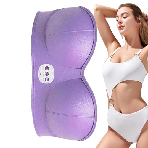 Red breast massager by HMLTD featuring adjustable straps, USB charging, and EMS microcurrent technology for improved breast fullness and firmness.