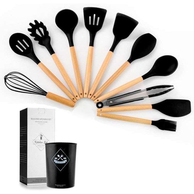 Rachel Broz - 12 Pcs Silicone Cooking Utensils Set With Wooden Handles