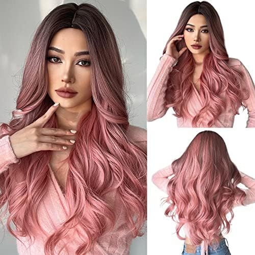 Esmee - 24" Pink Heat-Resistant Synthetic Long Wavy Wig For Women