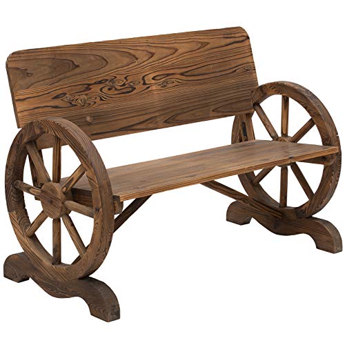 Wooden wagon wheel bench with a rustic design featuring a high back, designed for two people, suitable for outdoor garden seating.