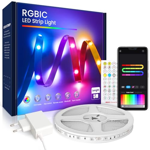 RGB IC LED strip lights 5 meters long with app control, featuring segment control, color changing capabilities, music synchronization, ideal for decorating parties, homes, bedrooms, gaming setups, and kitchens