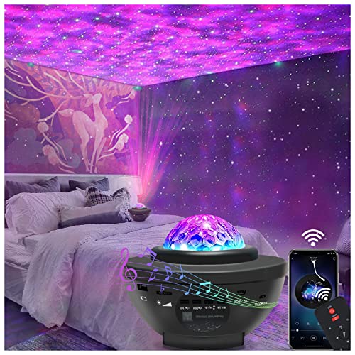 A star projector galaxy light with remote control and Bluetooth speaker, featuring multiple colors and dynamic projections, designed as a night light for both kids and adults, enhancing bedroom decor with aesthetic space lights.