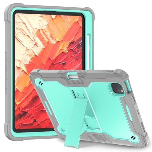 Tablet computer case designed for Apple iPad Pro 11 inch models featuring a built-in stand and heavy duty military grade shockproof protection in a green and gray color scheme.