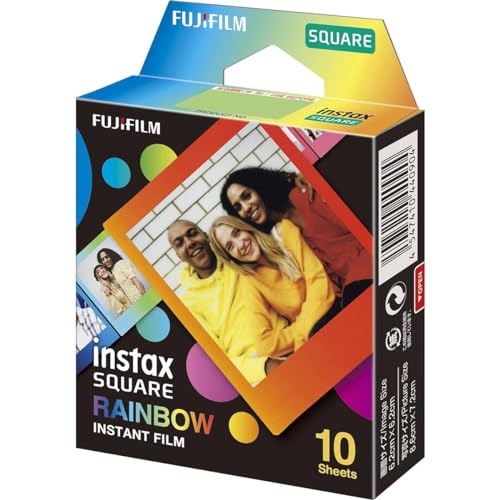 Instax Square Film Rainbow, featuring a colorful gradient design, square format for instant photos with 10 exposures per roll.