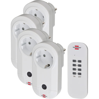 Remote-controlled 4-socket power strip set by Brennenstuhl with a current rating of 4.35 Amperes, operating voltage of 230 Volts, and dimensions of 20 x 6.5 x 13 cm; includes four radio receivers and one handheld transmitter for convenient control of electric devices up to 1000 Watts.