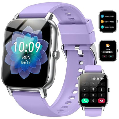 Smart watch designed for both men and women featuring a 1.85 inch display, capable of answering and making calls, equipped with over 110 sport modes, fitness tracking including sleep and heart rate monitoring, pedometer functionality, and IP68 waterproof rating, compatible with iOS and Android, in a silver and purple color scheme.