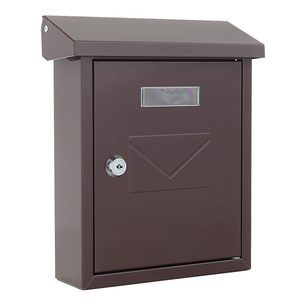 Brown wall-mounted letterbox made of high-quality alloy steel, featuring a top loading slot (140 x 20 mm), cylinder lock with two keys, and includes mounting hardware.