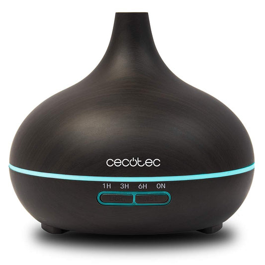 Ultrasonic humidifier and aroma diffuser by Cecotec in Yin color, featuring a 300ml capacity tank, programmable timer up to 10 hours, quiet operation, and 7 adjustable LED lights for ambiance.