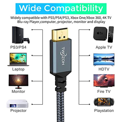 Twozoh - High Speed 4K HDMI Cable 10M, Nylon Braided, Compatible with PS5, Xbox