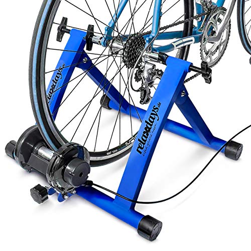 Indoor bicycle resistance trainer designed for 26 to 28 inch wheels featuring six adjustable gears in a blue and green color scheme suitable for indoor cycling and cardio workouts.