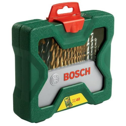 Image of a Bosch titanium drill bit set including various sizes: 1.5mm to 6.5mm and flat bits in sizes 16mm, 22mm, and 32mm, along with screwdriver bits in multiple types. The packaging dimensions are shown as 17.3 x 16.6 x 4.7 cm and the weight is approximately 685 grams.