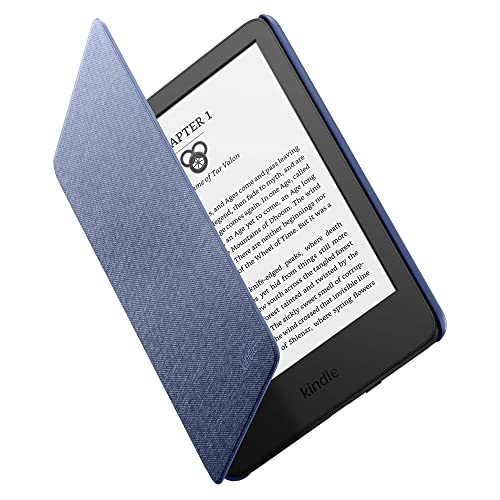 Kindle cover designed for 2024 and 2022 releases, featuring a book-like opening to wake or sleep the device, a thin and lightweight design for comfortable reading, easy one-handed use with a fold-back feature, magnetic closure for security, premium fabric with microfiber interior for screen protection and cleanliness, made from recycled materials, and recyclable packaging.