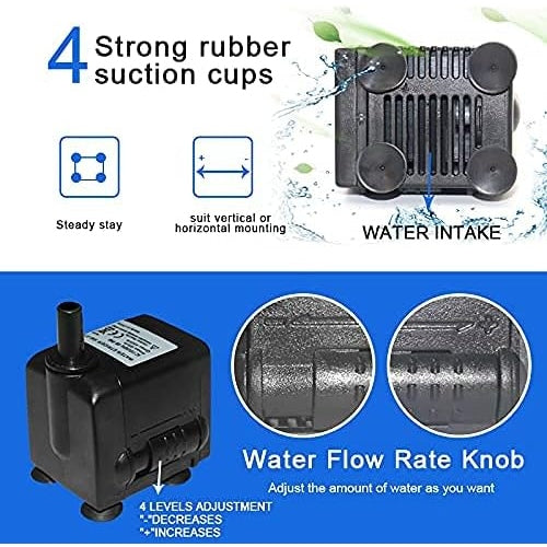 Yue Guan - Ultra Quiet Submersible Water Fountain Pump, 118Gph, 6W, With 2 Nozzles