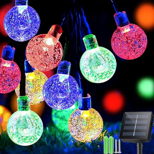 A string of 33 LED solar fairy lights with crystal ball designs, measuring 7 meters in length, showcasing eight different lighting modes. The lights are waterproof and suitable for outdoor use, ideal for decorating gardens, balconies, patios, weddings, and parties.